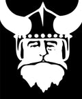 Viking warrior face with horns and beard, minimalistic black and white design, representing strength and heritage.