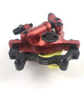 Bucklos Zoom HB-100 MTB hydraulic disc brake caliper, red aluminum alloy with black mounting bracket for front or rear use