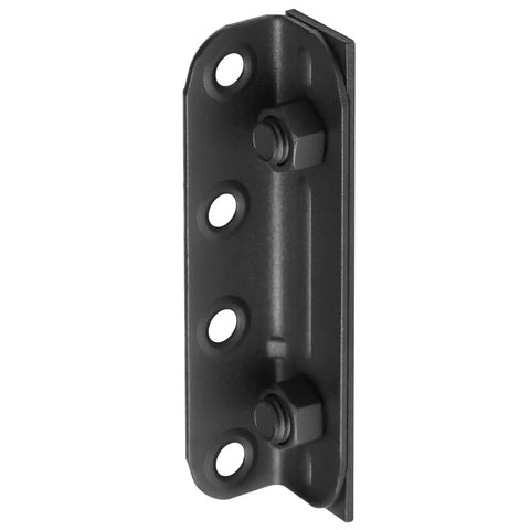 Eight Pack Heavy Duty Bed Rail Brackets And Non Mortise Wood Frame Connectors To Revive Cranky Headboards And Footboards With Hella Solid Powder Coated Steel For No Sweat Diy Repairs close-up of a heavy-duty bed rail bracket with bolts.