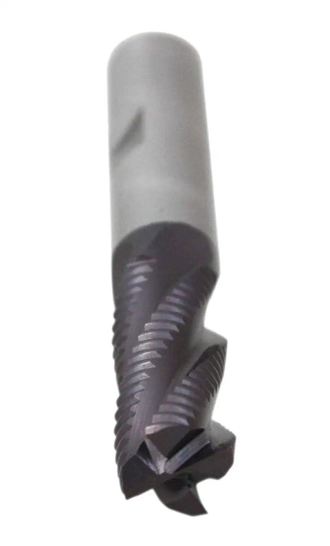 Roughing End Mill TiAlN Coated M42 Eight Percent Cobalt Four Flute Coarse Tooth Half Inch Diameter Shank Half Inch Flute Length One And A Quarter Inches Overall Length Three And A Quarter Inches