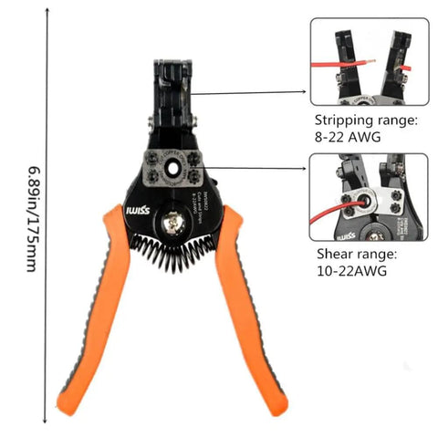 Durable Wire Stripper And Cutter Tool For 8 20 AWG Solid And 10 22 AWG Stranded Wire With Precision Stripping Holes with orange grips