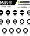 Klein Tools 14-In-1 Electronic Precision Screwdriver Kit With 8 Tips shown with bit sizes and shapes. Includes slotted and Torx bits.