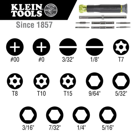 Klein Tools 14-In-1 Electronic Precision Screwdriver Kit With 8 Tips shown with bit sizes and shapes. Includes slotted and Torx bits.