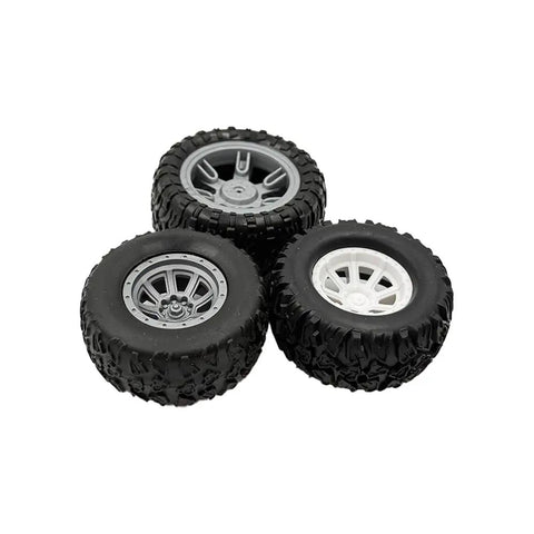 Three wheels from 8 Piece Toy Wheel Set With Rubber Tires And Metal Shafts For DIY RC Cars Trucks And Robot Projects Includes Small And Big Diameter Wheels