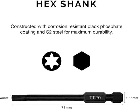 TT20 hex shank with Torx Head Drill Bit Set 11 Piece TT6 Through TT40, Magnetic Tamperproof Bits, S2 Steel, Black Phosphate Coating