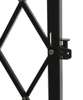 Close-up of Heavy Duty Folding Security Gate with Lockable Diamond Grid Panels showing black steel frame and locking mechanism.