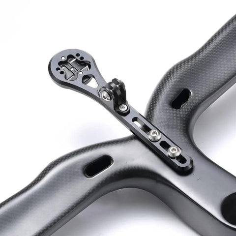 Aero Integrated Out Front Handlebar Mount For Bike Computers And Accessories Keeps Your Cockpit Clean And Clutter Free Works With Garmin Edge Wahoo Elemnt Bryton Rider Stages Dash Hammerhead Canyon CEP Cockpits Wilier Filante Bar, carbon fiber, mounted view.