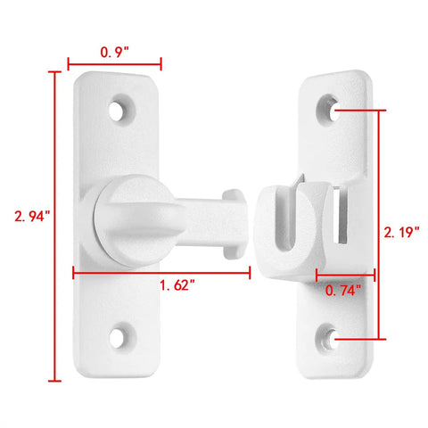 Matte White Aluminum Barn Door Latch Heavy Duty Gate Lock dimensions showing 90 and 180 degree mounting.