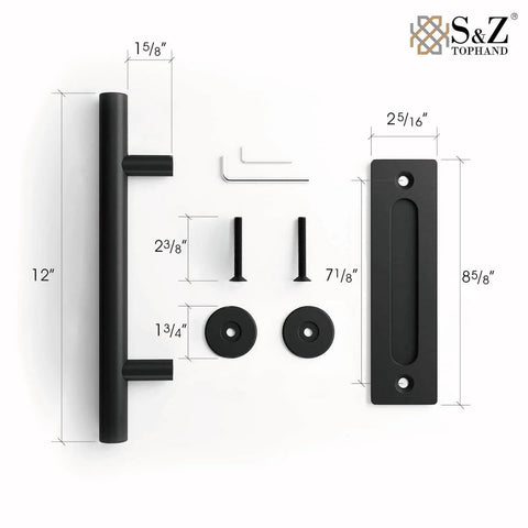 Heavy Duty 12 Inch Sliding Barn Door Handle Set In Black With Powder Coat, Round Pull For 1.38 To 1.75 Inch Doors, Set Of 2