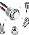 Momentary 12V Push Button Switch 12mm Waterproof Metal 2P Pre-Wired For Auto Marine Industrial Control Panels Silver, Space Saving Design, Easy Install, Returns To Off On Release. silver 12mm metal push button switch with wires