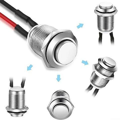Momentary 12V Push Button Switch 12mm Waterproof Metal 2P Pre-Wired For Auto Marine Industrial Control Panels Silver, Space Saving Design, Easy Install, Returns To Off On Release. silver 12mm metal push button switch with wires