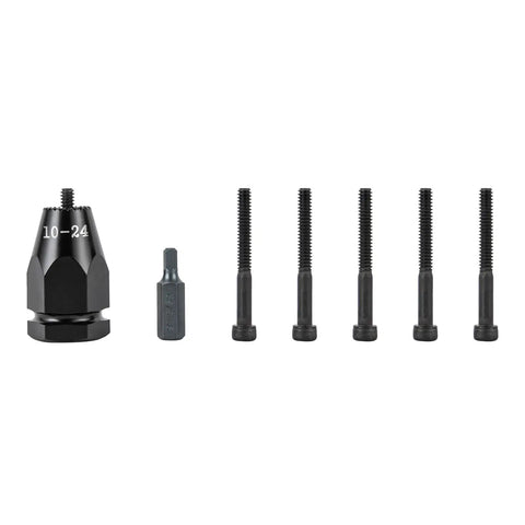Pneumatic Rivet Nut Gun Set For 10-24 And 1/4, 5/16, 3/8 Inch Rivnuts parts including gun head, mandrels, and adapters