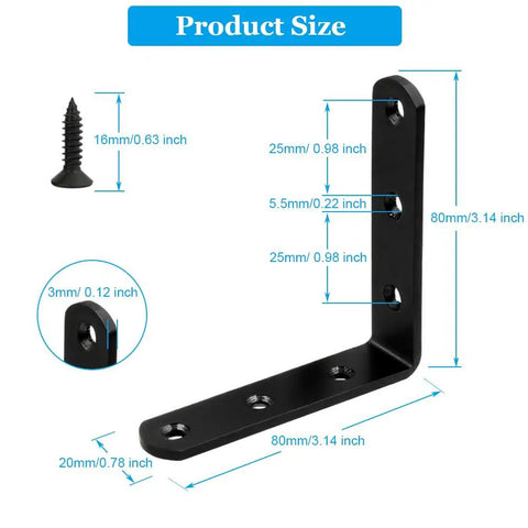 Tough As Nails Matte Black Stainless Steel L Brackets 3 By 3 Inch heavy duty dimensions with screws for woodworking.