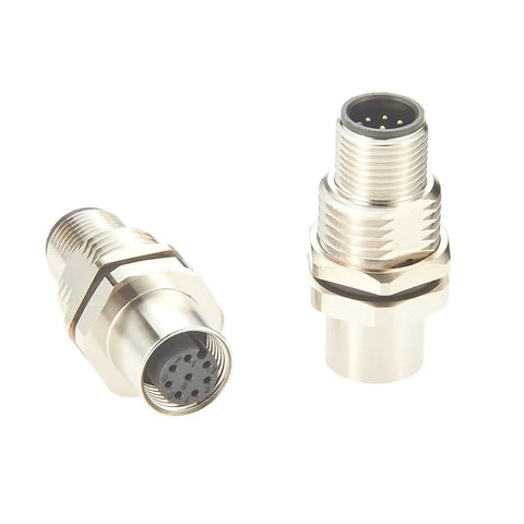8 Pin M12 A Code Bulkhead Connector Male To Female IP67 Panel Mount Feedthrough, gold-plated contacts, two connectors shown