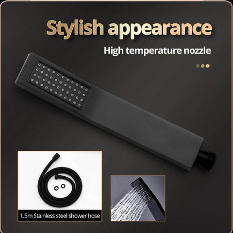 Game Changing 17 X 28 Inch Rainfall Waterfall Led Shower System With Handheld Sprayer And Seven Knob Valve For Six Smooth Custom Functions In Vintage Antique Brass, black high temperature shower nozzle.