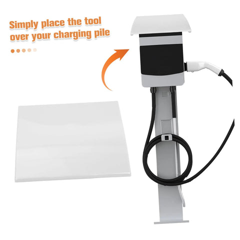 Heavy Duty Outdoor EV Charger Enclosure Weatherproof Rain Shell For Your Electric Vehicle Plug With Rock Solid UV Guard and Super Quick Install Housing Box For Built Tough Longevity beside EV charger with snap-on cover