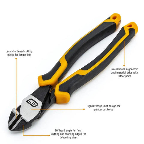 Pitbull Dual Material Pliers with black and orange handle, high leverage joint design, aggressive angled teeth for superior grip.