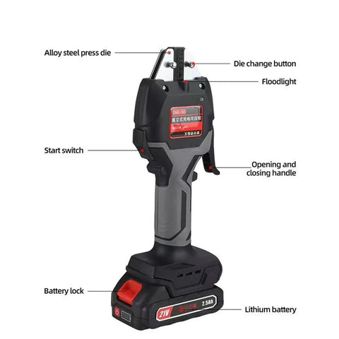 Heavy Duty Electric Battery Cold Crimping Tool Pliers 0.5 To 50mm showing alloy steel die, start switch, and lithium battery.
