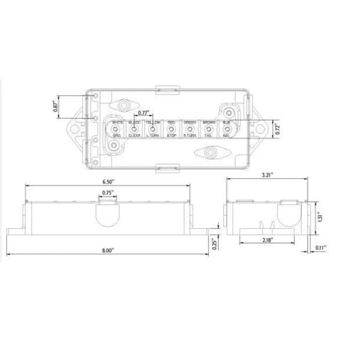 Technical diagram of heavy duty polypropylene electrical junction box with seven terminals for truck and trailer wiring.