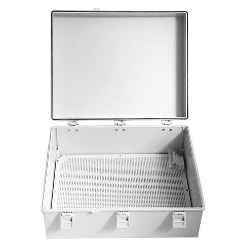 Large Outdoor Electrical Enclosure Box Waterproof Weatherproof Plastic Housing With Cover For Electronics Dustproof Watertight Built Tough Junction Box 19.69 Inches Long 15.75 Inches Wide 7.87 Inches High open showing interior