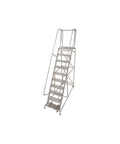Heavy Duty Steel Rolling Ladder With Ten Steps Reaching One Hundred Thirty Inches Overall Height handrails included, expanded metal treads.