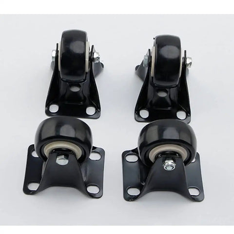 Four black heavy-duty caster wheels with mounting plates for furniture mobility