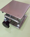 Front view of an 8x8 inch stainless steel lab jack stand with square platform and scissor lift, black knob.