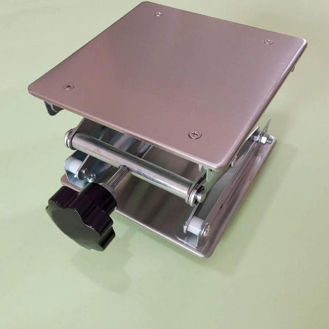 Front view of an 8x8 inch stainless steel lab jack stand with square platform and scissor lift, black knob.