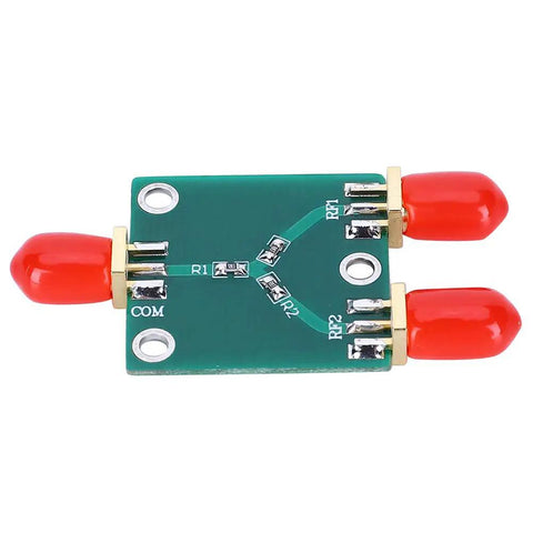 Top Shelf Slick 2 Way Rf Power Divider Module Dc To 5Ghz Broadband Signal Splitter on green PCB with red connectors.
