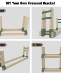 Outdoor Firewood Rack Bracket Kit With Four Support Bars For Wood Pile Storage Heavy Duty DIY Fireplace Log Stacking Stand Holder For 2x4 Lumber Green 1 Pair Weather Resistant Steel showing DIY assembly options"