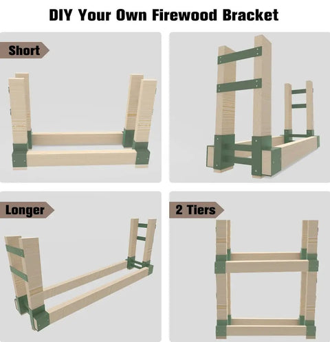 Outdoor Firewood Rack Bracket Kit With Four Support Bars For Wood Pile Storage Heavy Duty DIY Fireplace Log Stacking Stand Holder For 2x4 Lumber Green 1 Pair Weather Resistant Steel showing DIY assembly options"