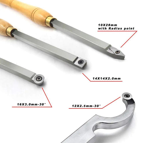 Pro Grade Carbide Tipped Wood Turning Tools Set With Finisher Rougher Detailer Swan Neck Hollower shown with dimensions