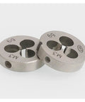 Pro Grade 7/16-14 UNC Thread Tap And Round Die Set Right Hand, close-up of two silver round dies on a white background