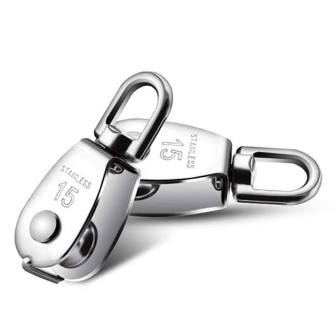 6 Pack 0.59 Inch Single Pulley Block 304 Stainless Steel M15 Crane Swivel Hook Single Pulley Roller displayed at angle