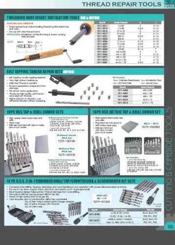 M5 X 0.8 Helical STI Thread Repair Kit, 31 Piece Set With 25 Stainless Steel Inserts, Tap, Drill, Driver And Tang displayed in a catalog.