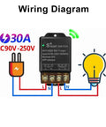 Wiring diagram for High Power 30A WiFi Smart Switch 110V 120V 240V With App Remote And Timer, showing connections for heavy-duty appliances