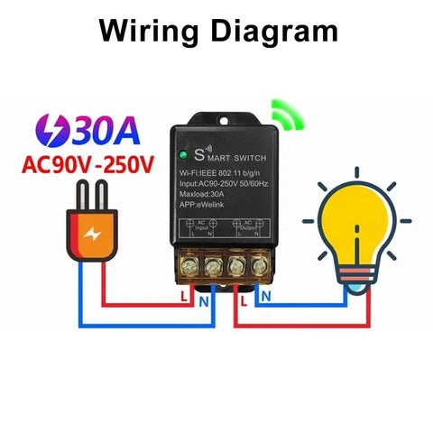 Wiring diagram for High Power 30A WiFi Smart Switch 110V 120V 240V With App Remote And Timer, showing connections for heavy-duty appliances