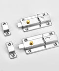 Stainless Steel Automatic Spring Door Latch, Low Profile Safety Lock set with bolts and screws on a white background.