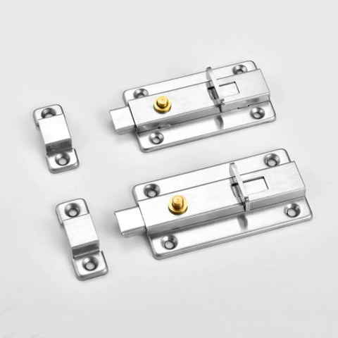 Stainless Steel Automatic Spring Door Latch, Low Profile Safety Lock set with bolts and screws on a white background.