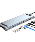 Badass 11 In 1 Usb Type C Hub Docking Adapter Featuring No Sweat 4K Hdmi Port Rj45 Ethernet Sd Tf Slots Pd 87w Charge Audiojack, silver design, multiple ports, and accessories.