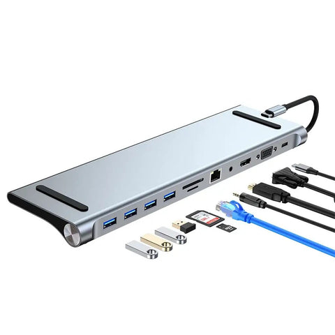 Badass 11 In 1 Usb Type C Hub Docking Adapter Featuring No Sweat 4K Hdmi Port Rj45 Ethernet Sd Tf Slots Pd 87w Charge Audiojack, silver design, multiple ports, and accessories.
