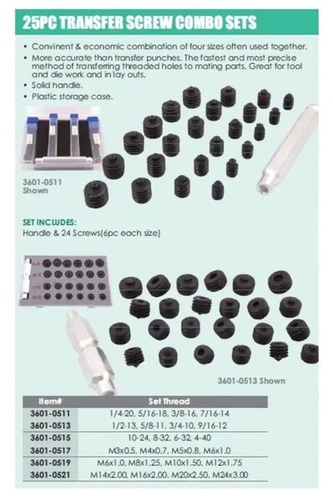 25 Piece Hole Transfer Screw Set for Quick No Brainer Accurate Hole Mapping with M6 x 1, M8 x 1.25, M10 x 1.5, M12 x 1.75 displayed