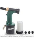 No Nonsense Pneumatic Hydraulic Pull Rivet Gun With Automatic Rivet Suction And Back Catcher Rotating Cup For Easy Pour Of Discarded Rivets Lightweight Air Tool Built For Angled Access Includes Four Nose Pieces For Three Sixteenth Inch Rivets shown with accessories.