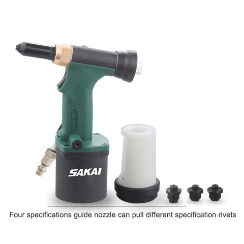 No Nonsense Pneumatic Hydraulic Pull Rivet Gun With Automatic Rivet Suction And Back Catcher Rotating Cup For Easy Pour Of Discarded Rivets Lightweight Air Tool Built For Angled Access Includes Four Nose Pieces For Three Sixteenth Inch Rivets shown with accessories.