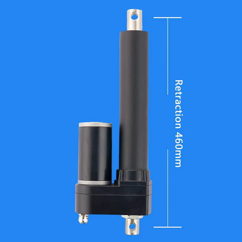 Heavy Lift Linear Actuator Electric Lifter Built Tough With Rock Solid Thrust Rating And IP65 Rated Waterproof Aluminum Telescopic Push Rod side view, measuring 460mm retraction, shows motor and rod.