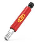 Grease fitting cleaning tool, red aluminum body with metal tip, angled side view