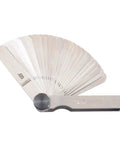 Tempered Steel English Thickness Gage With Easily Removed Leaves For Carpenters And DIY Pros 31 Leaves Covering One Half Inch To One Thirty Second Inch With Thickness Range From.0015 To.035 Inch, fanned display