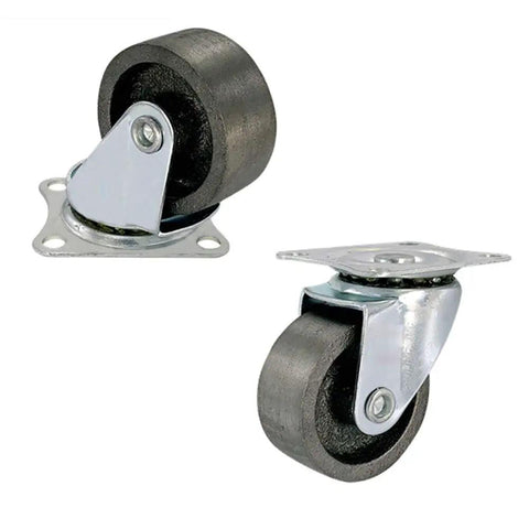 Heavy Duty Industrial Caster Wheels One And A Half Inch Plate Swivel Cast Iron 400kg High Temperature Resistant for furniture and equipment oven safe 4 pack for heavy duty transport and workshop use, side and front view