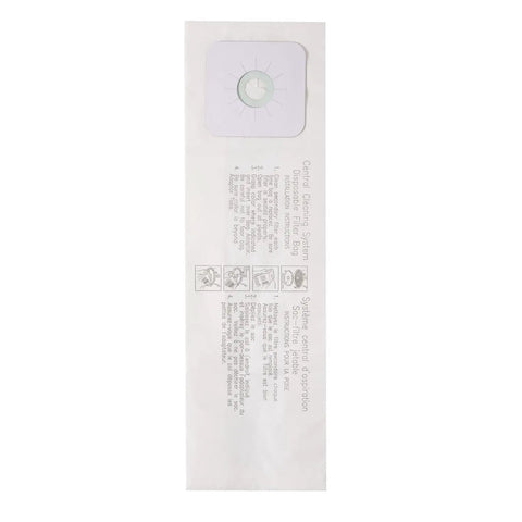 White vacuum bag for Nutone 391 series, shown flat with printed text and circular filter opening, 9 Pack Replacement Central Vacuum Bags For Nutone 391 And CV Series Your Go To Replacement With CV353 CV450 CV391 CV400 CV350 CV351 VX475 44186 CV352 CV653 CV750 CF3918 Models.