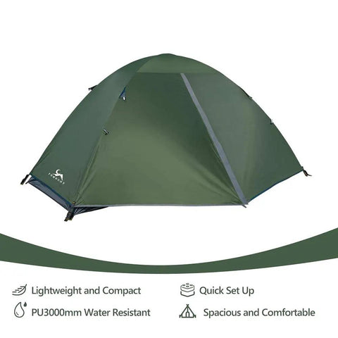 One Person Ultralight Backpacking Tent Waterproof Double Layer Free-Standing aluminum poles, green tent with quick setup features
